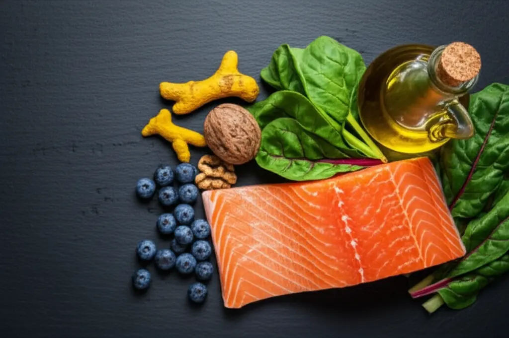 Anti-inflammatory foods arrangement including berries, green tea, turmeric, fatty fish, and leafy greens