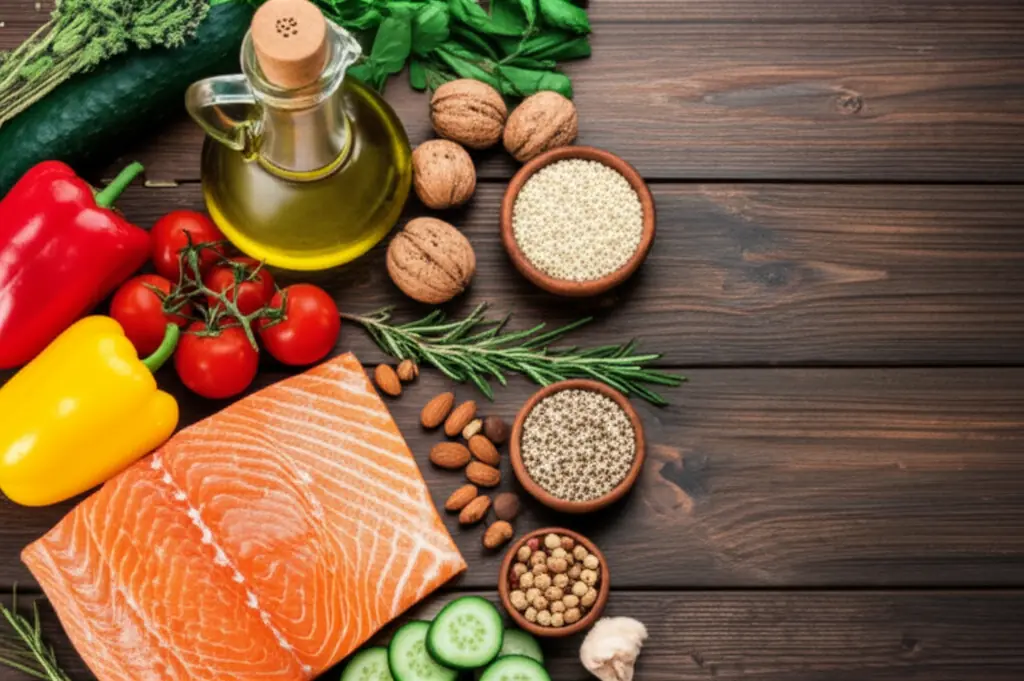 Mediterranean diet meal spread with fish, vegetables, olive oil, whole grains, fruits, and nuts