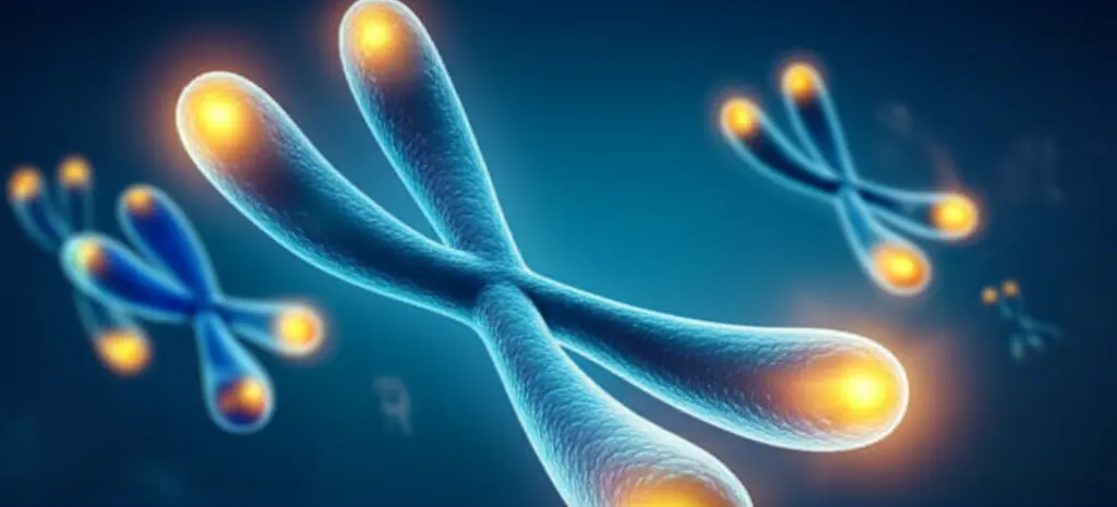 Healthy long telomeres vs shortened aging telomeres on chromosomes illustration