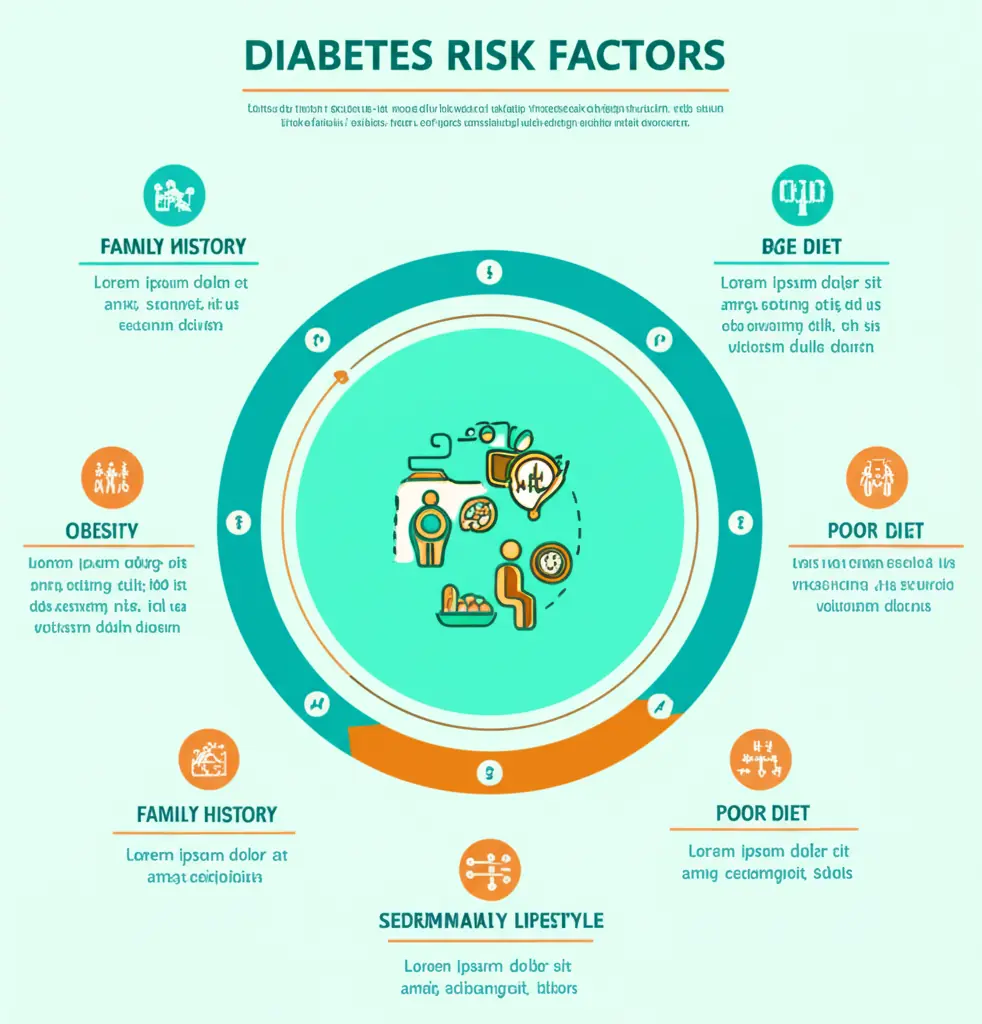 Infographic showing type 2 diabetes risk factors including obesity, sedentary lifestyle, poor diet, family history, and age