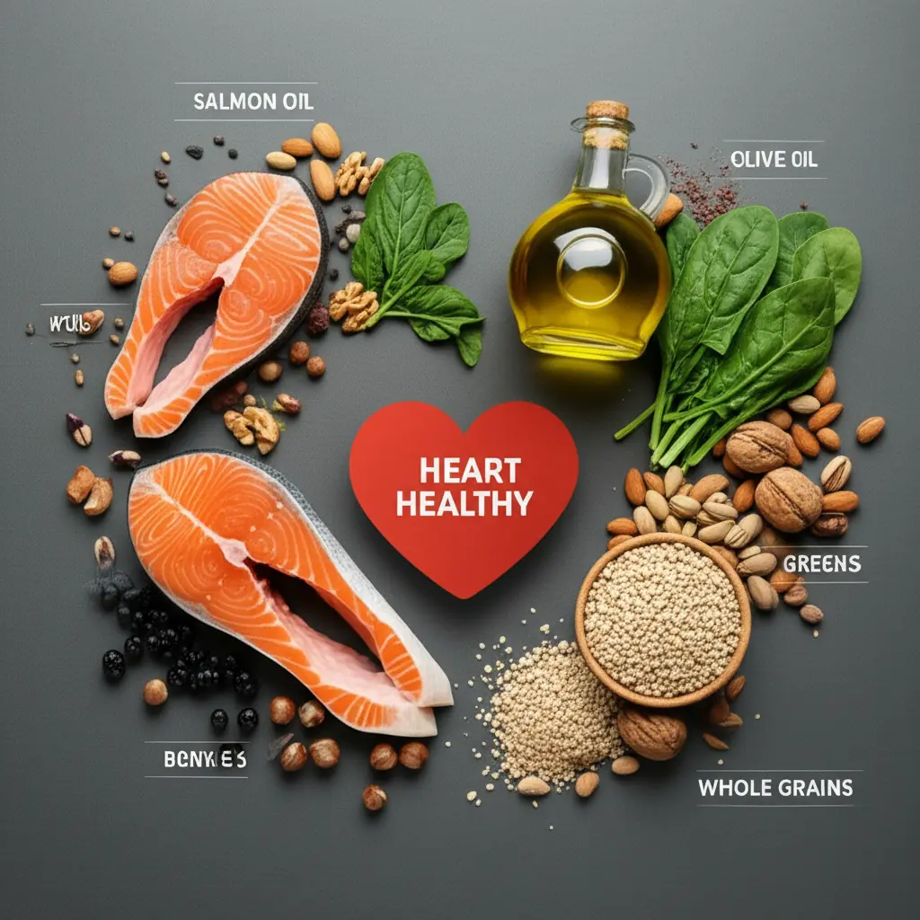 Infographic showing heart-healthy foods including vegetables, fish, olive oil, nuts, and whole grains for cardiovascular disease prevention
