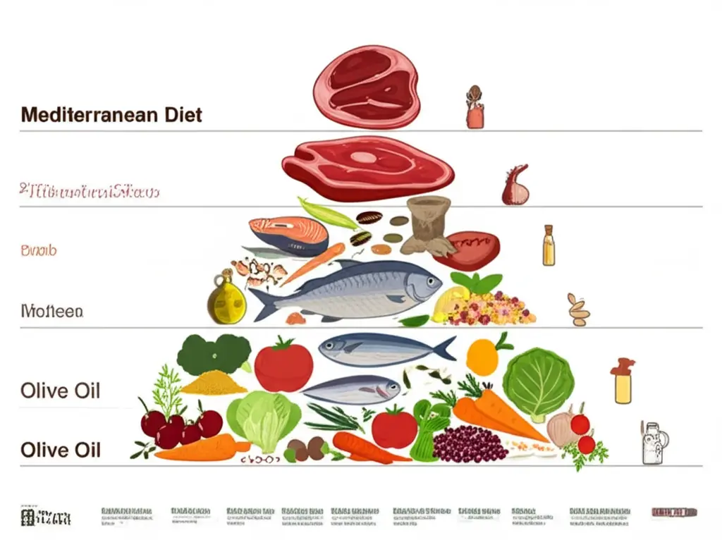 Mediterranean diet food pyramid showing food groups in hierarchy for optimal health