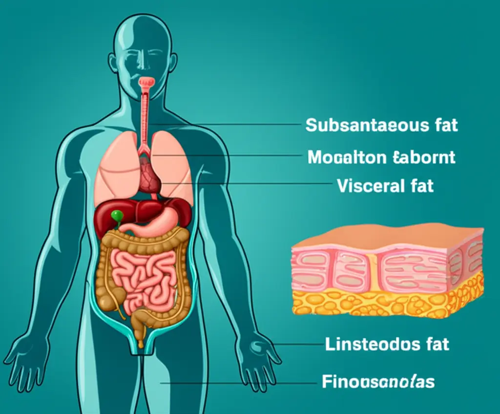 Infographic comparing visceral fat vs subcutaneous fat showing location, health risks, and metabolic differences